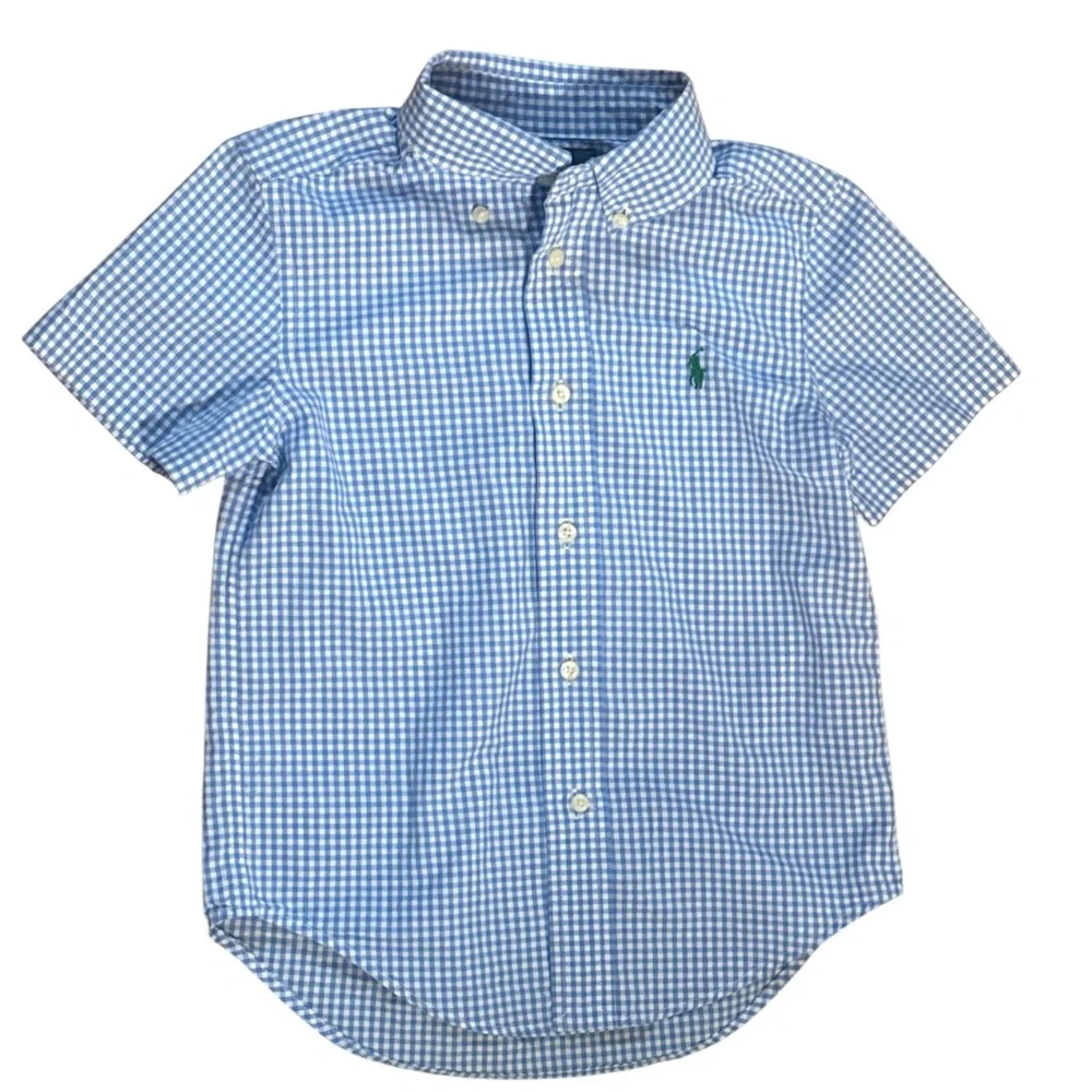 Ralph Lauren boys size 4 Light Blue White Checkered gingham plaid‎ Shirt preppy